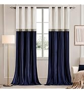GIGIZAZA Vintage Velvet Curtains for Living Room 84 Inches Long Ivory Navy 2 Panels Set Window Tr...