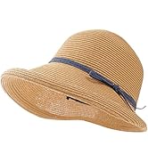 Womens Wide Brim Sun Hat,Elegant Structured Curved Fedora Floppy Beach Straw Hat, UPF50+