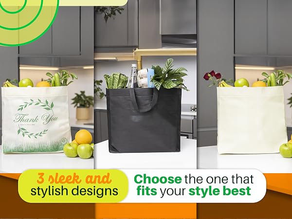 Three different style shopping bags with grocery items in every single one