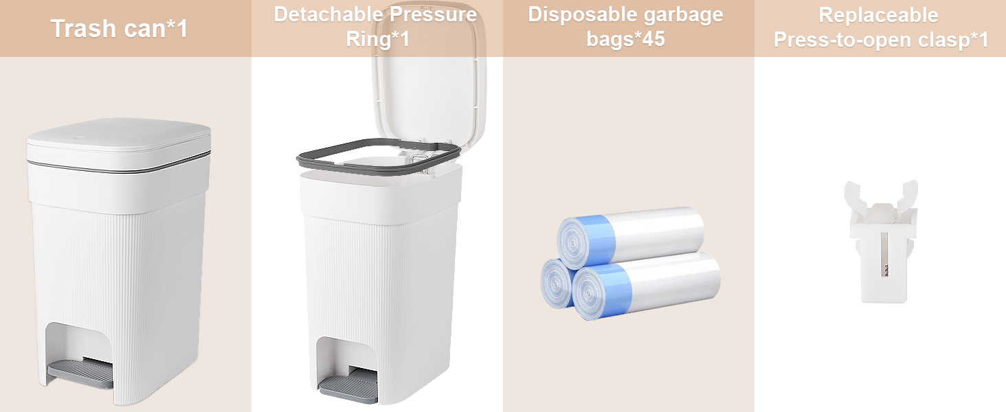 Covered Trash Bin Parts Detachable Pressure Ring*1, Disposable Bags*45, Replaceable Press Clasp*1