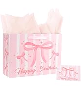 ACO-UINT Happy Birthday Gift Bags for Women Pink Bow Gift Bag with Tissue Paper and Ribbon Handle...