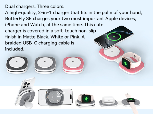Text reads: 'Dual chargers. Three colors.' 'A high-quality, 2-in-1 charger that fits in the palm of your hand, iPhone and Watch, at the same time.' Product shown is compact dual charging device in white, black, and pink options with braided USB-C cable.