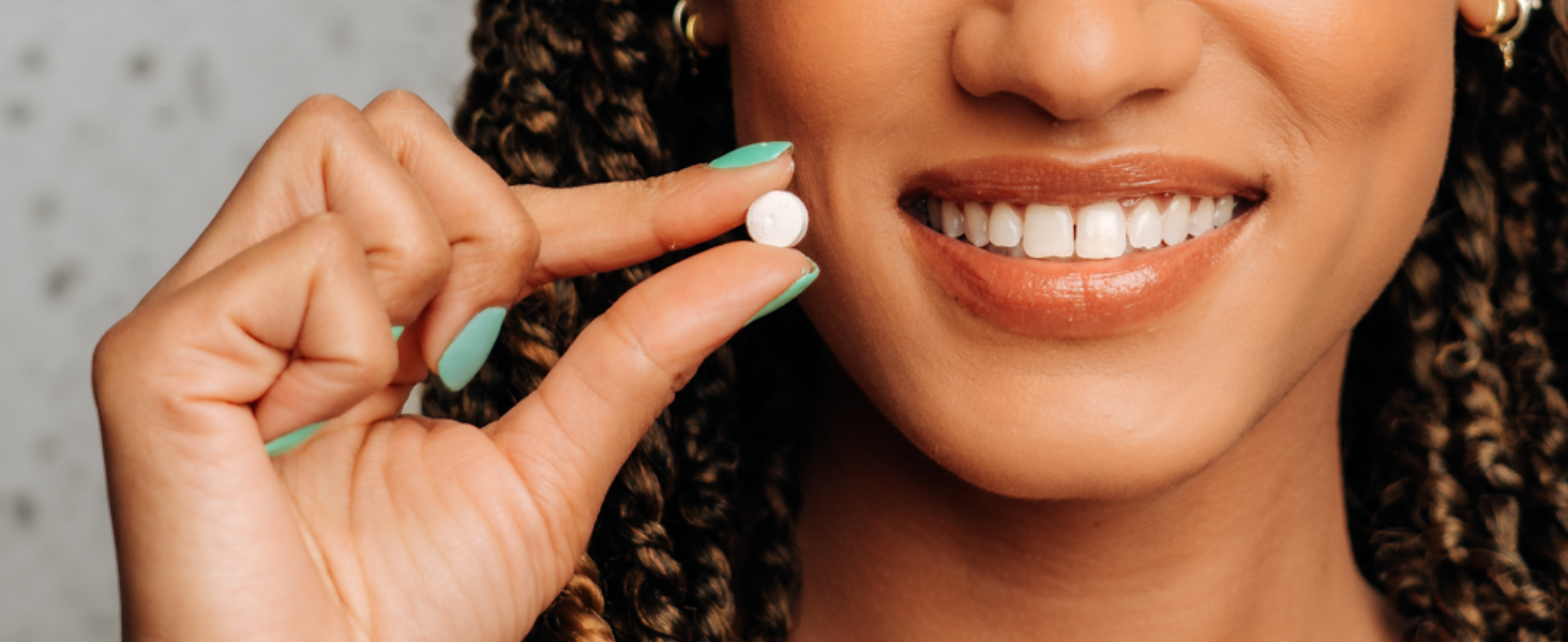 Close up of woman’s white teeth