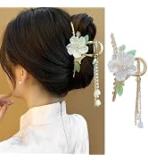 1 Pack Flower Hair Claw Clips for Women, Camellia Flower Leaf Hair Clips with Small Pearl Butterf...