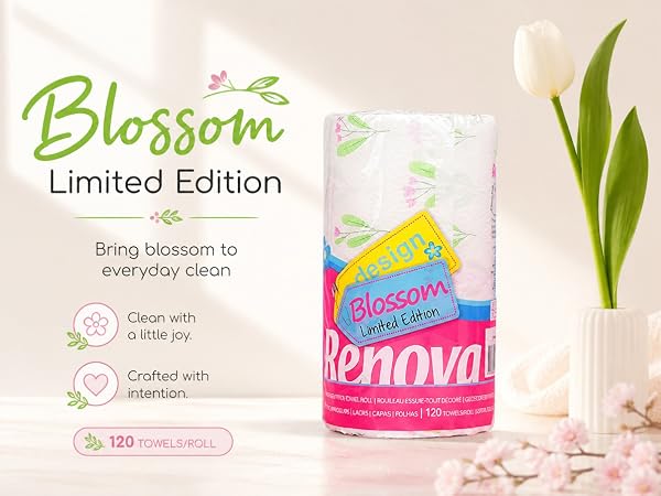 Renova Blossom decorative paper towel packaging, spring floral design, 120 towels/roll