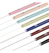 Collection of decorative pens or markers in various colors including pink, blue, green, and navy, featuring different pattern-making capabilities shown in sample lines.