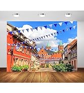 BELECO 7x5ft Fabric Oktoberfest Backdrop Germany Bavaria Town Street with Bavarian Flags Beer Fes...