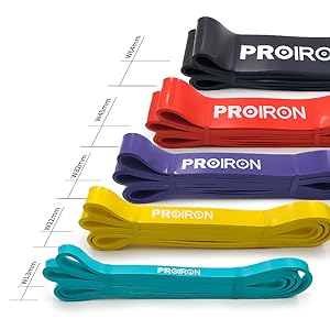 Set of PRORION resistance bands arranged in gradient thickness, showing various resistance levels through different colored bands from light to heavy.