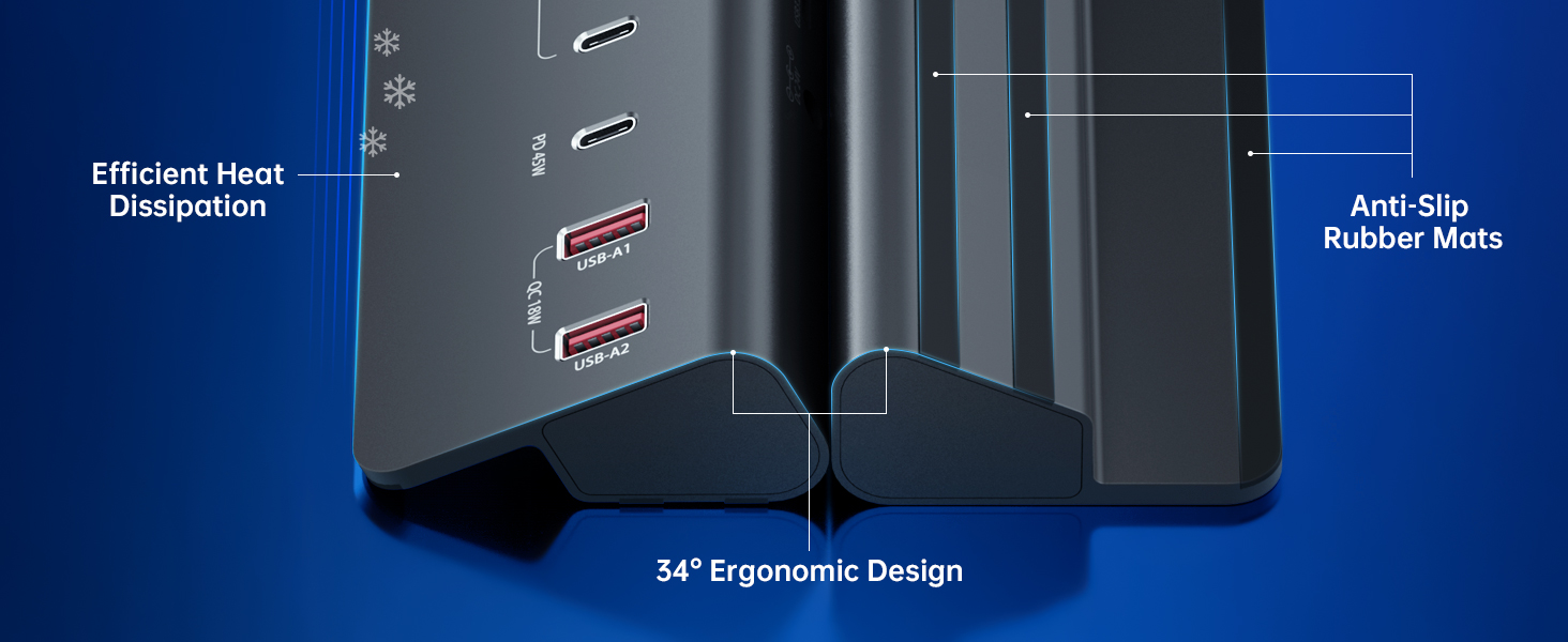 Dark blue router device with labeled features including 'Efficient Heat Dissipation' and 'Stable Rubber Feet'. Device shows antenna ports and control panel with indicator lights.