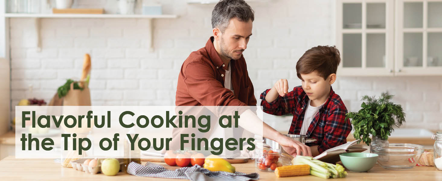 Father and son cooking in kitchen with text Flavorful Cooking at the Tip of Your Fingers