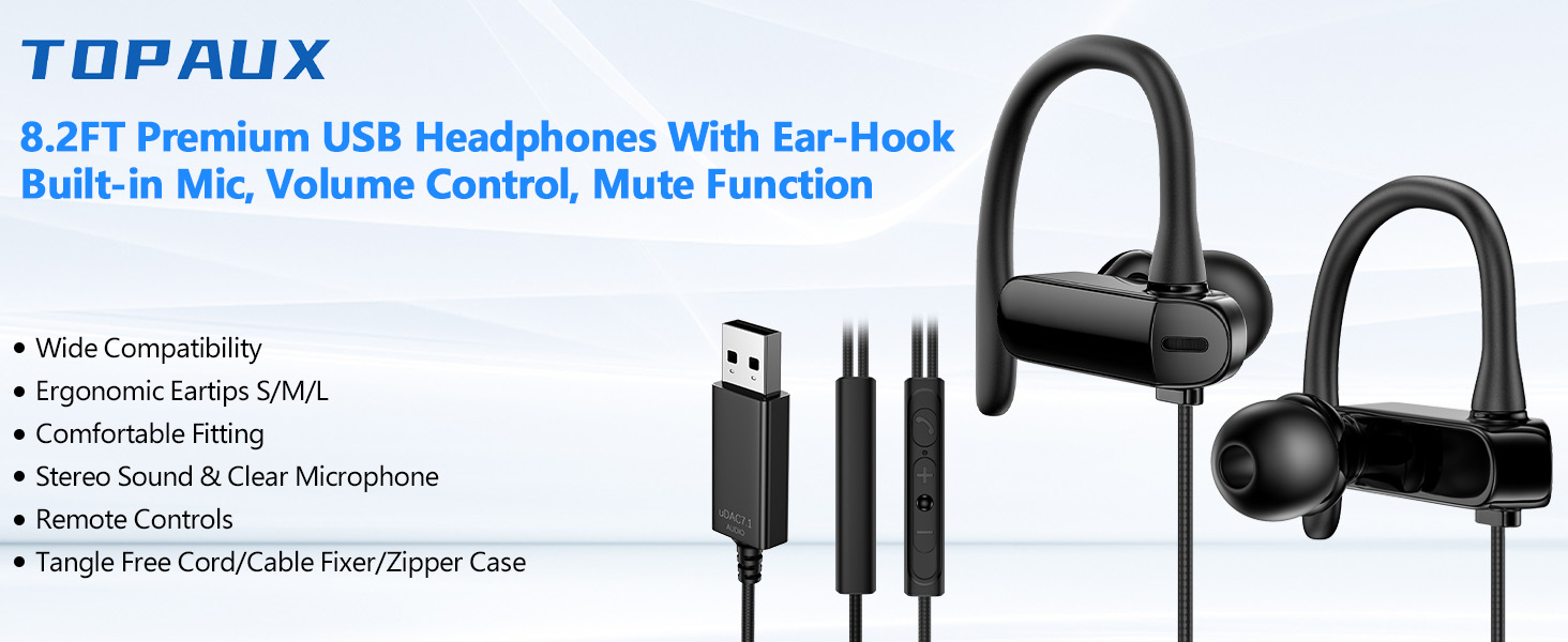 USB Headphone Over-Ear Hook 2.5M 8.2FT Computer Headset Mute Mic USB A Earphone in-Ear Noise Cancel
