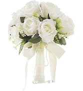 Wowagoga 12 Inch Wedding Bouquet with Pearl Crystals Ribbons,Artificial Rose Flower for Bride Bri...