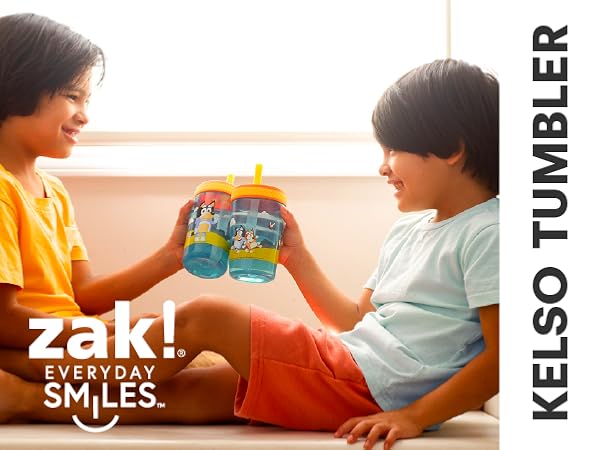 Banner with two boys holding Bluey Kelso tumblers and zak! everyday smiles logo