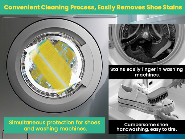 Text reads 'Convenient Cleaning Process, Easily Removes Shoe Stains' and 'Simultaneous protection for shoes and washing machines'. Shows washing machine interior and cleaning process.