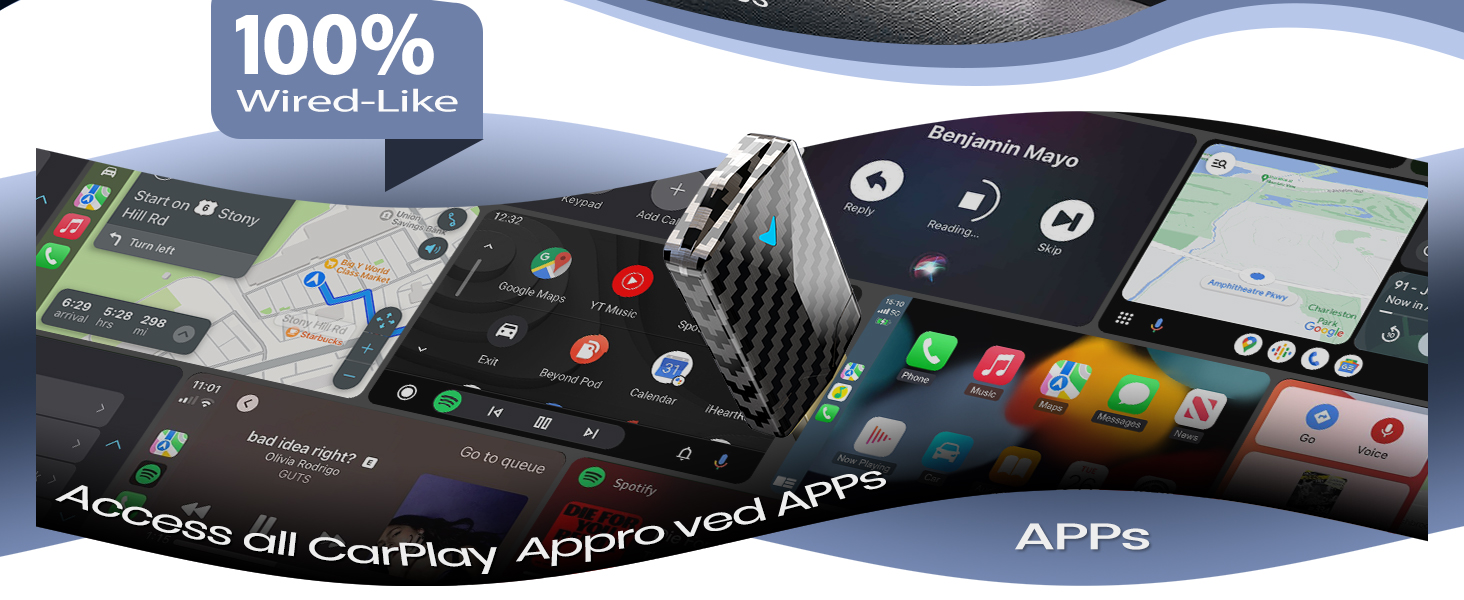 Wireless CarPlay adapter shown with map, music, phone, message, and app display screens
