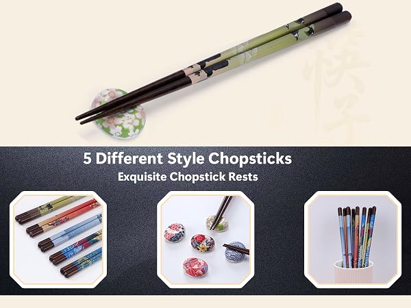 Reusable Wooden Chopsticks AND Ceramic Rests Set