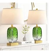 Table Lamp Set of 2 Touch Control, Coastal Green Glass Bedside Lamp with 2 USB Ports, 3-Way Dimma...
