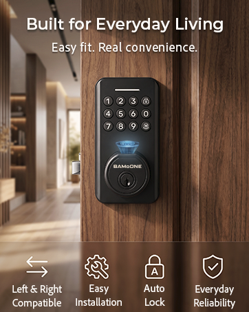 BAMoONE Wi-Fi smart door lock installed on a wooden front door.