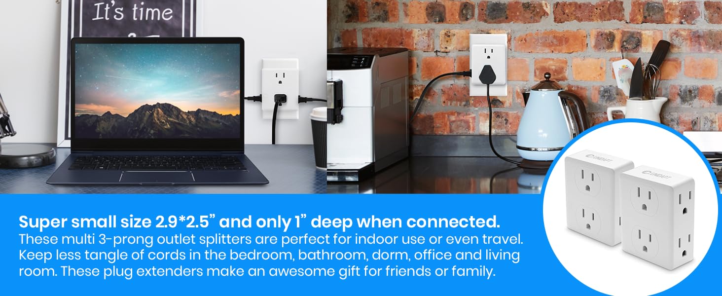 Our multi outlet wall plug is super small 2.9*2.5” and only 1” deep when connected.