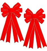 2 Pcs Large Red Velvet Christmas Bows Outdoor Decorations,12”x24”Christmas Tree Topper Bow with G...