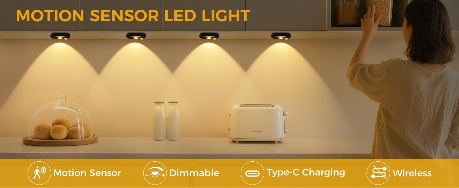 LED Motion Sensor Puck Lights Rechargeable Cabinet Light Dimmable Closet