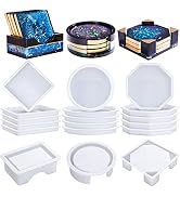 Set of coasters with galaxy-themed designs and white silicone molds. Top row shows finished coasters in square, round, and octagonal shapes with gold-trimmed holders. Bottom rows display corresponding white molds.
