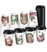 RUSPEPA Disposable Paper Coffee Cups with Lids 12 oz - 48 Pack Christmas Santa Claus and Snowman ...
