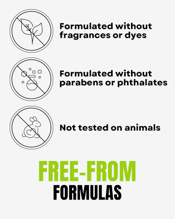 Formulated without fragrances, dyes, parabens and phthalates. Not tested on animals