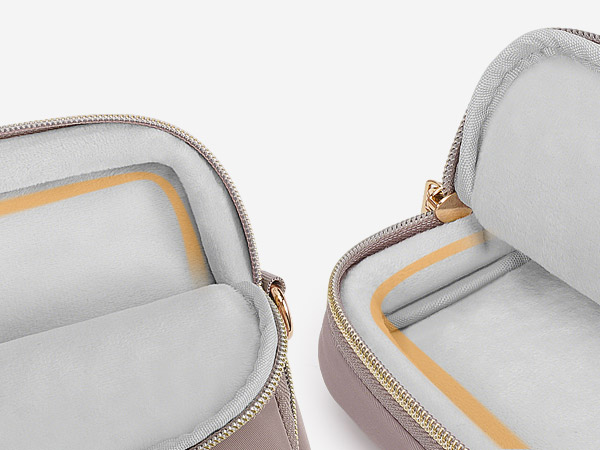Close-up views of a light gray protective case with orange accent trim, showing various angles and zipper details.