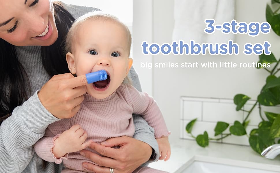 Mom helping child brush teeth with stage based toothbrush set
