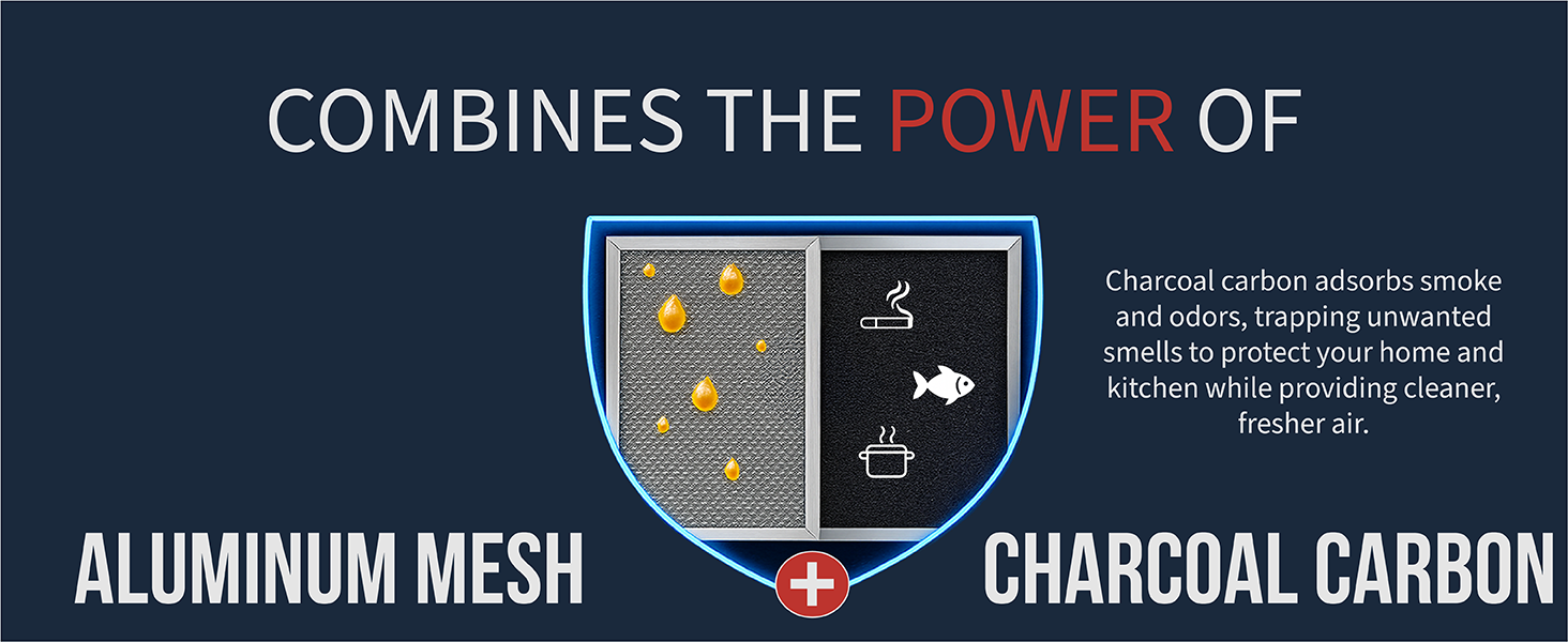 Shield with one side mesh filter with grease, and other side charcoal filter with odors