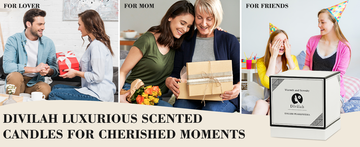 Luxury scented candle advertisement showing product packaging and promotional images highlighting gifting moments.