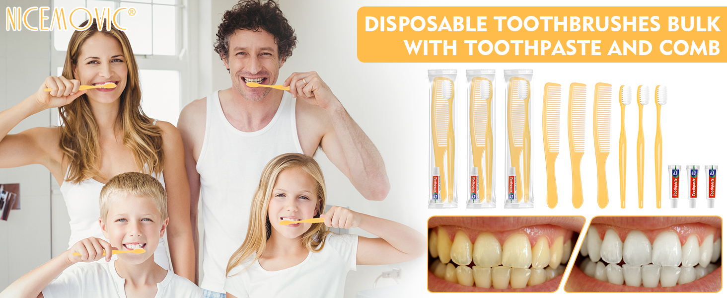 Yellow Disposable Toothbrushes Bulk with Toothpaste and Comb