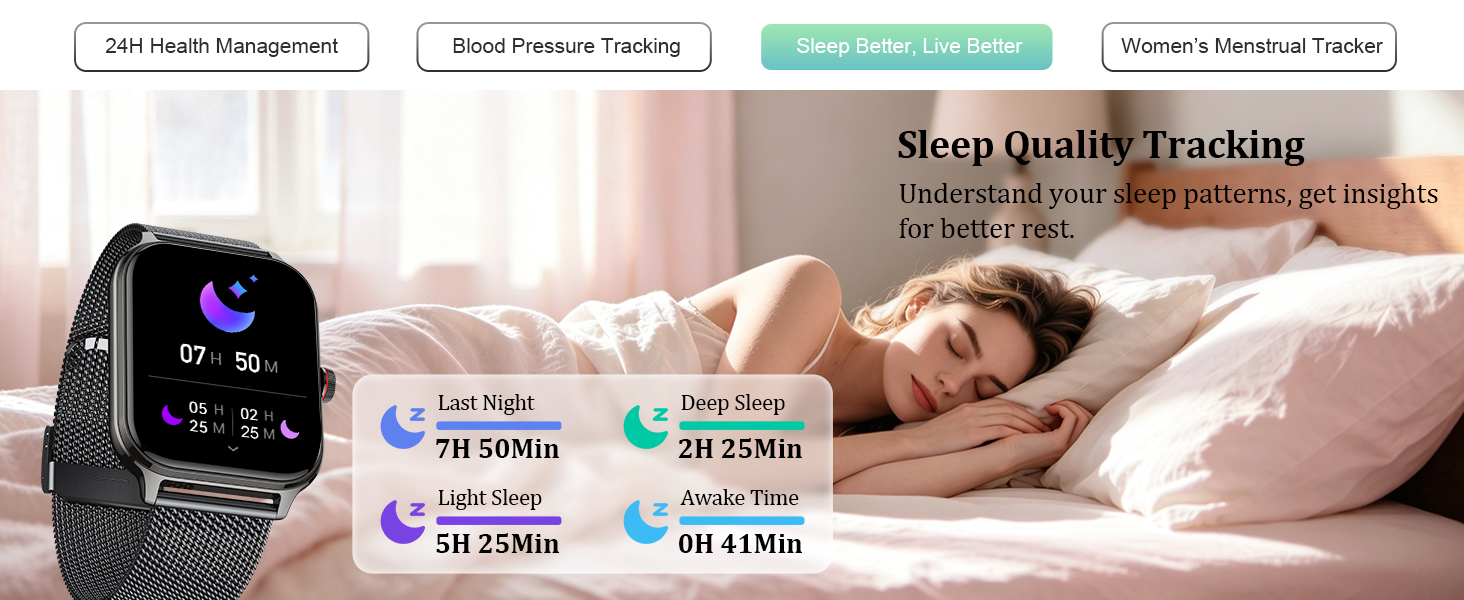 Text reads 'Sleep Health Tracking' on smartwatch display. Digital watch with square face showing health metrics, displayed next to sleeping person in bed. Black smartwatch with purple accent elements.