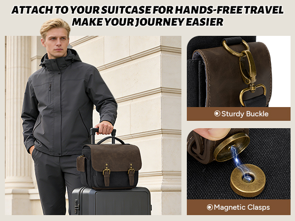 Text reads 'ATTACH TO YOUR SUITCASE FOR HANDS-FREE TRAVEL MAKE YOUR JOURNEY EASIER'. Product photos showing black travel accessory attached to luggage.