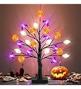 18 Inch Black Halloween Tree Light with 24 LED Pumpkin Bat Ghost Lights, Timer/USB/Battery Operat...