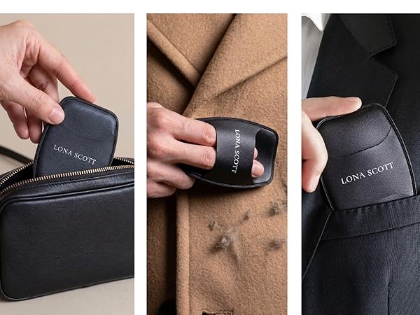Text reads 'LUNA ROPE' on dark denim wallet. Triptych showing wallet being held, textured material detail, and back pocket placement on jeans.