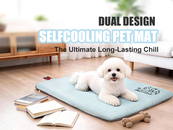 Text reads 'DUAL DESIGN SELFCOOLING PAD' and 'The Ultimate Long-Lasting Chill'. Blue cooling pet pad with white dog lying on it indoors.