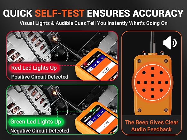 Auto electrical probe tool with LED indicators and beep alerts for quick polarity self-checks