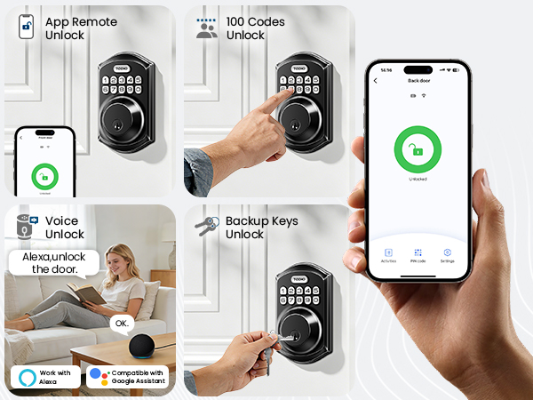 Supports 4 ways unlock, including APP remote unlock, password unlock, key unlock, and voice unlock