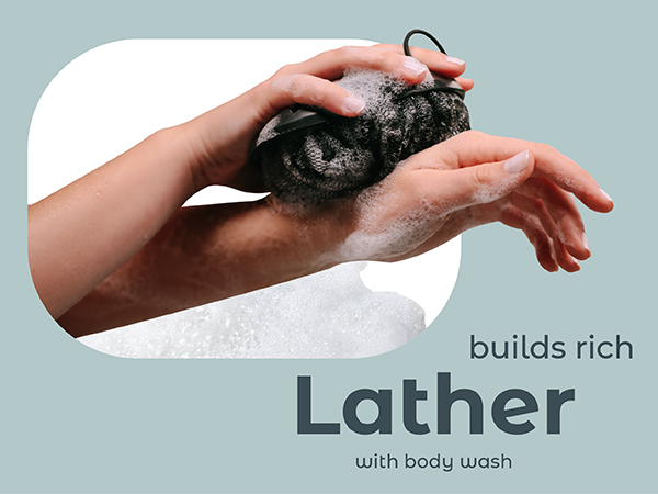 builds rich lather with body wash showing shower sponges scrubbing