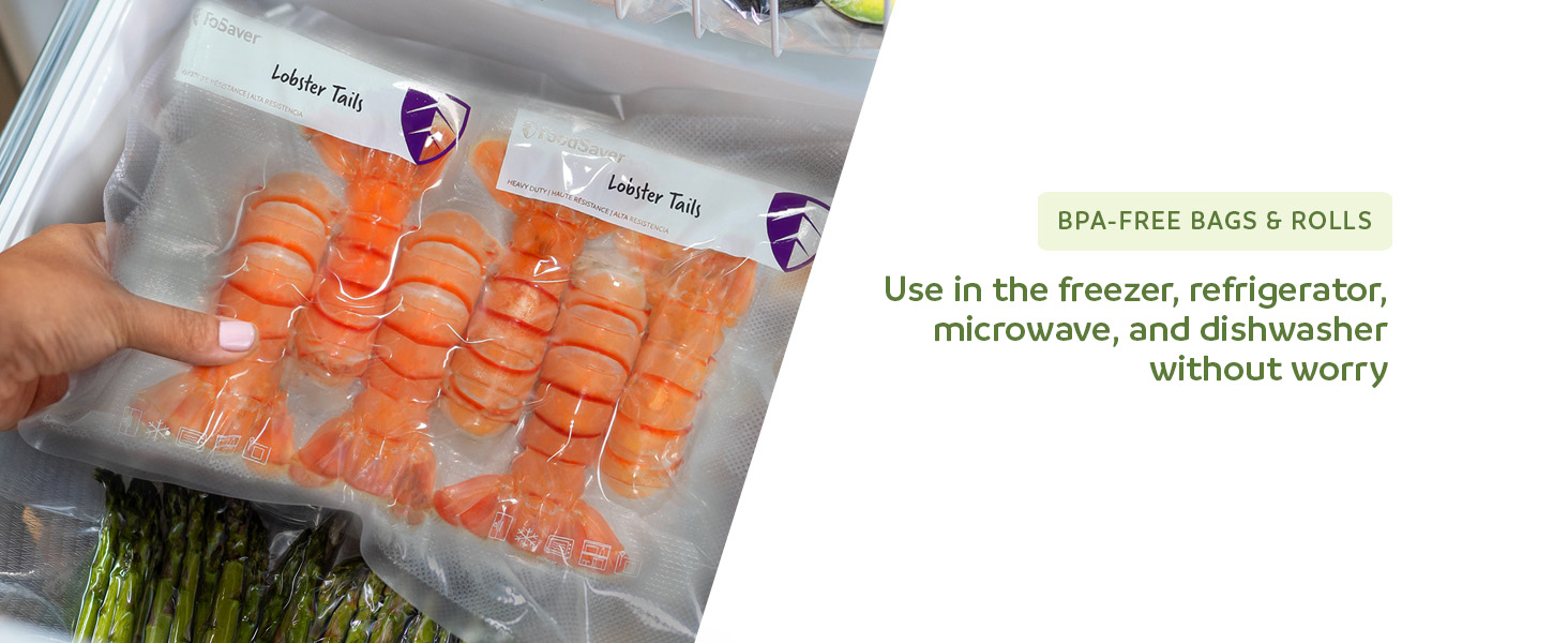 Sealed lobster tails in a freezer with BPA-free text
