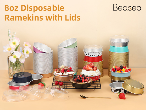 Beasea 215ml/7.3oz disposable ramekin pans with lids in different colors