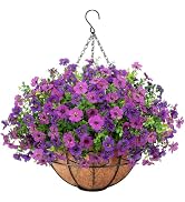 Roberly Artificial Hanging Flowers for Outdoors with Hanging Basket Fake Silk Flowers Plastic Fau...