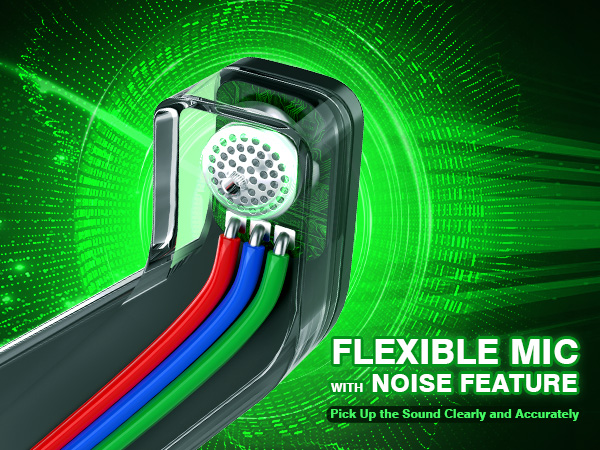 Flexible microphone head with three colored wires (red, blue, black) against green digital background, featuring noise reduction technology.