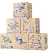 6 Pcs Ocean Animal Nursery Decor Blocks Wooden Shelf Decor for Baby Nursery Room Kids Bedroomm