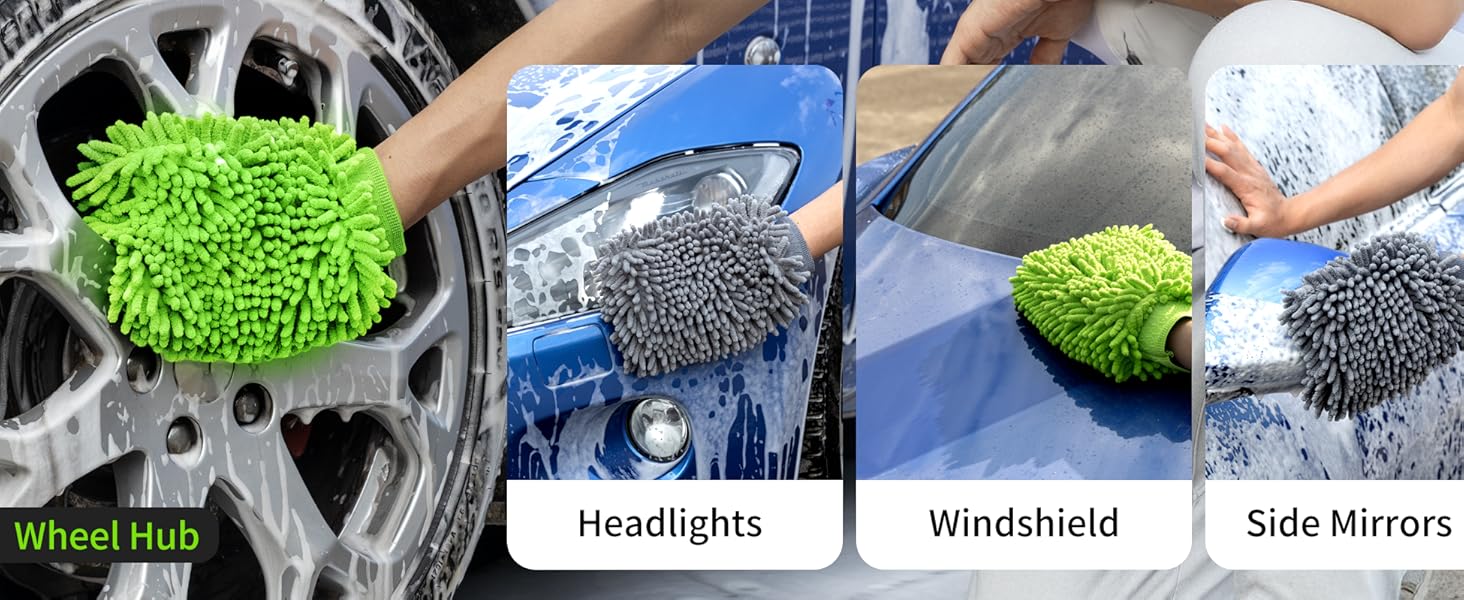 Text labels: 'Wheel Hub', 'Headlights', 'Windshield', 'Side Mirrors'. Cleaning demonstration showing green and gray cleaning tools being used on various car parts.
