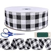 Winlyn 50 Yards Black and White Buffalo Check Plaid Wired Ribbon Gingham Ribbon 2.5" Wide for Chr...