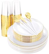 LIYH 180pcs Gold Plastic Dinnerware Set,Gold Plastic Plates,Gold Plastic Silverware with White Ha...
