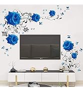 Supzone Blue Rose Wall Stickers Rose Flower Vine Wall Decal Blue Peony Floral Wall Decor DIY Viny...